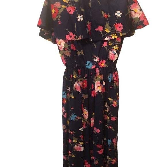 VTG 80’s Deep V Navy Floral Maxi Dress 12/14 Flowy Sleeve Collar Elastic Waist - Picture 8 of 8